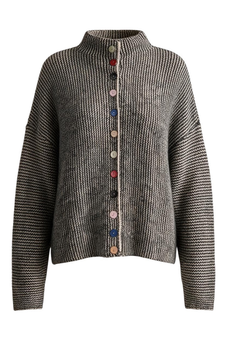 Trestles Clothing Company cozy knit sweater in charcoal grey with a high neck and unique mismatched colorful buttons.